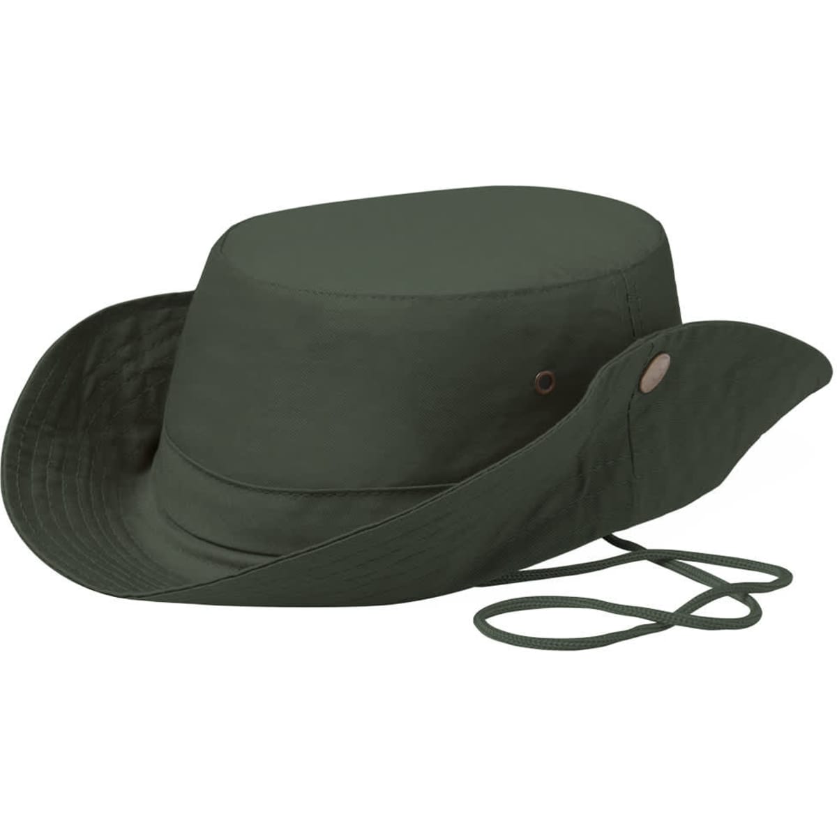 A dark green safari hat with a wide brim and chin cord, featuring a logo on the side.