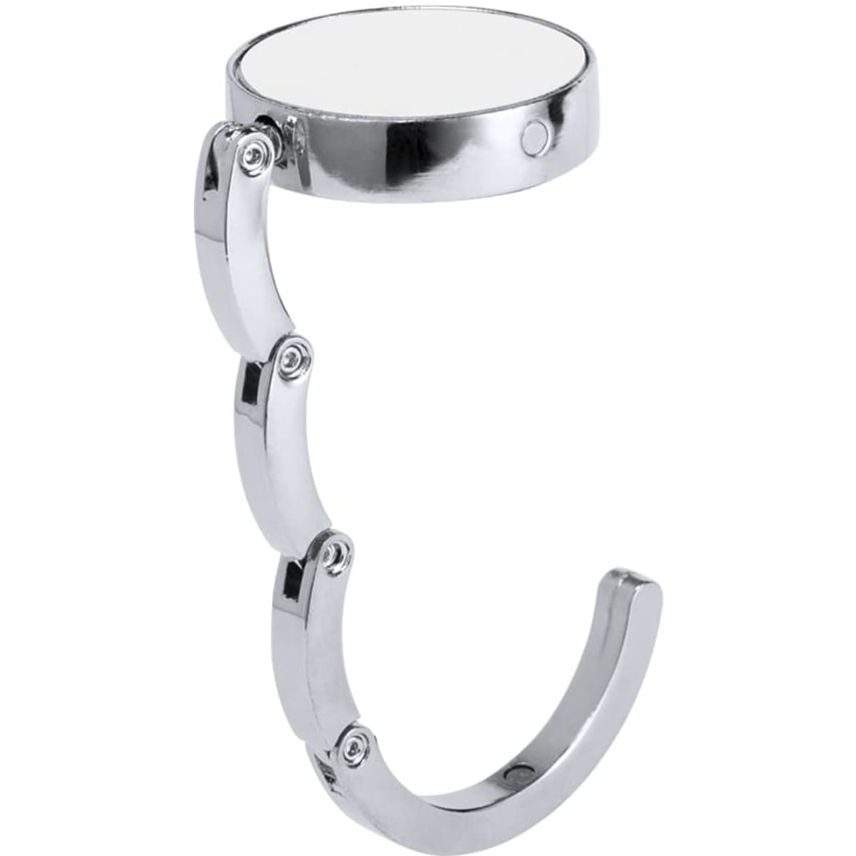 A chrome foldable bag holder with a circular top and flexible, articulated arm. It features a shiny metallic finish.