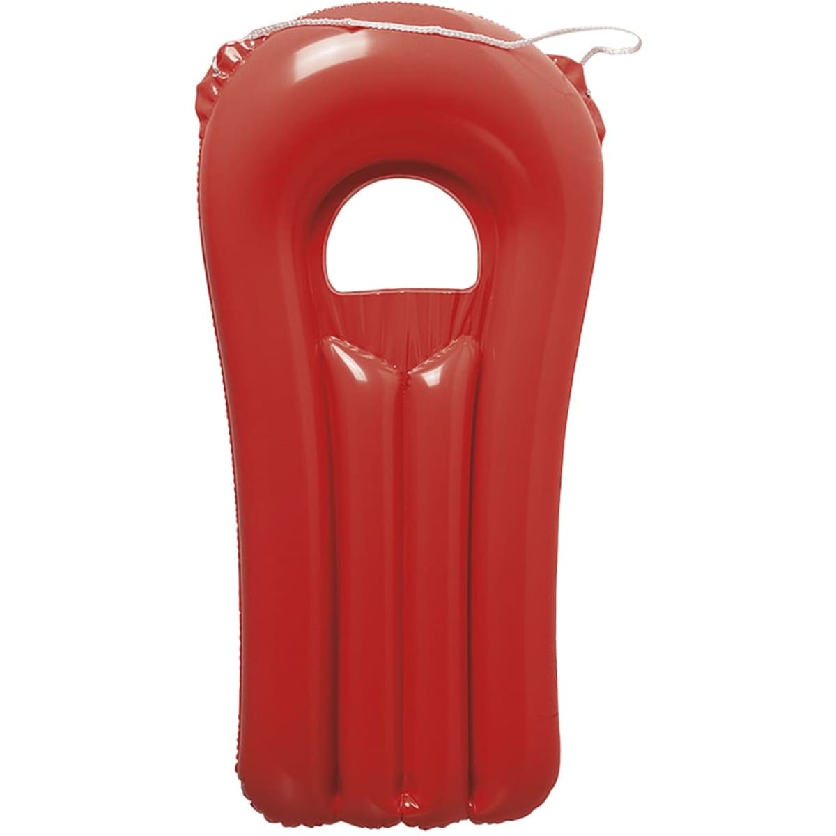 A red inflatable lounge designed for leisure use, featuring a central opening and curved shape.