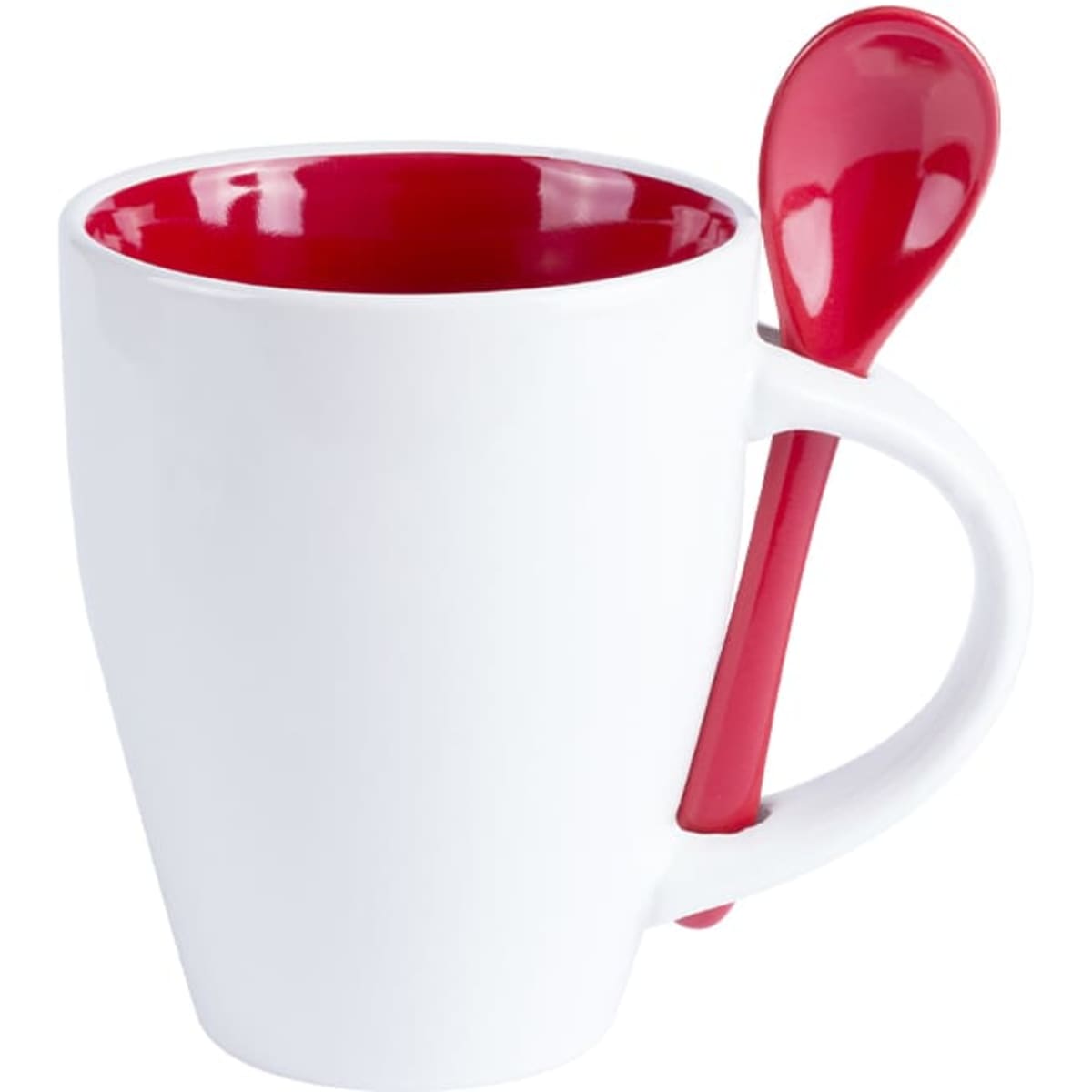 A coffee mug in white with a red interior and a matching red spoon attached to the handle.