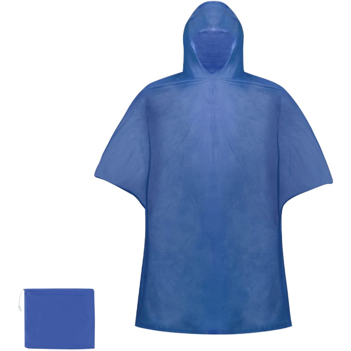 A blue poncho with a hood, displayed alongside a matching storage pouch. The poncho features a simple design and a logo.