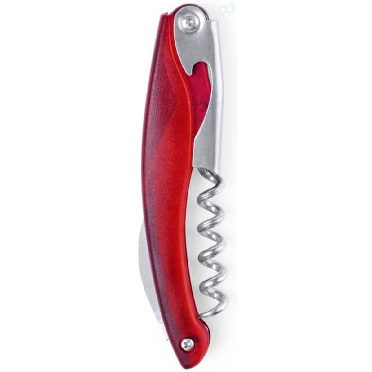 A wine opener featuring a red handle and a silver corkscrew. It has a sleek, ergonomic design and a branding logo.