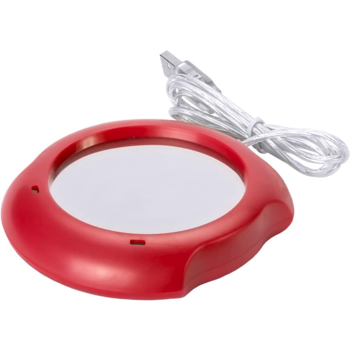 A red mug warmer with a flat surface and a connected USB cable for powering the device.