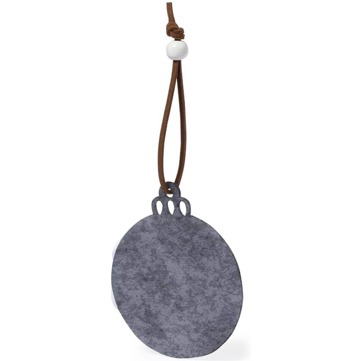 A grey, circular pendant on a brown leather cord, featuring a decorative bead. It also has a logo.
