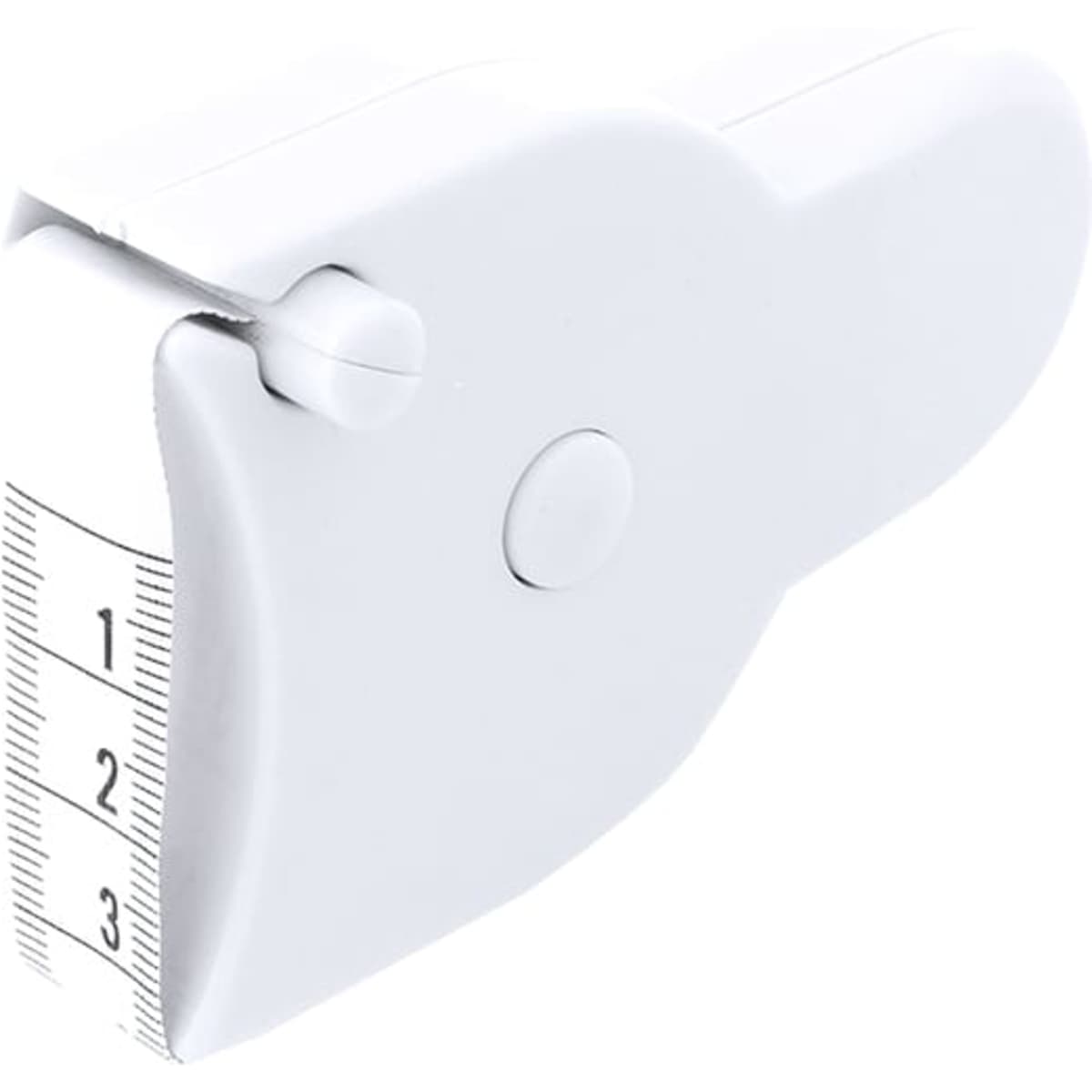A white tape measure with a contoured design and built-in branding. Measurement markings are visible on the tape.