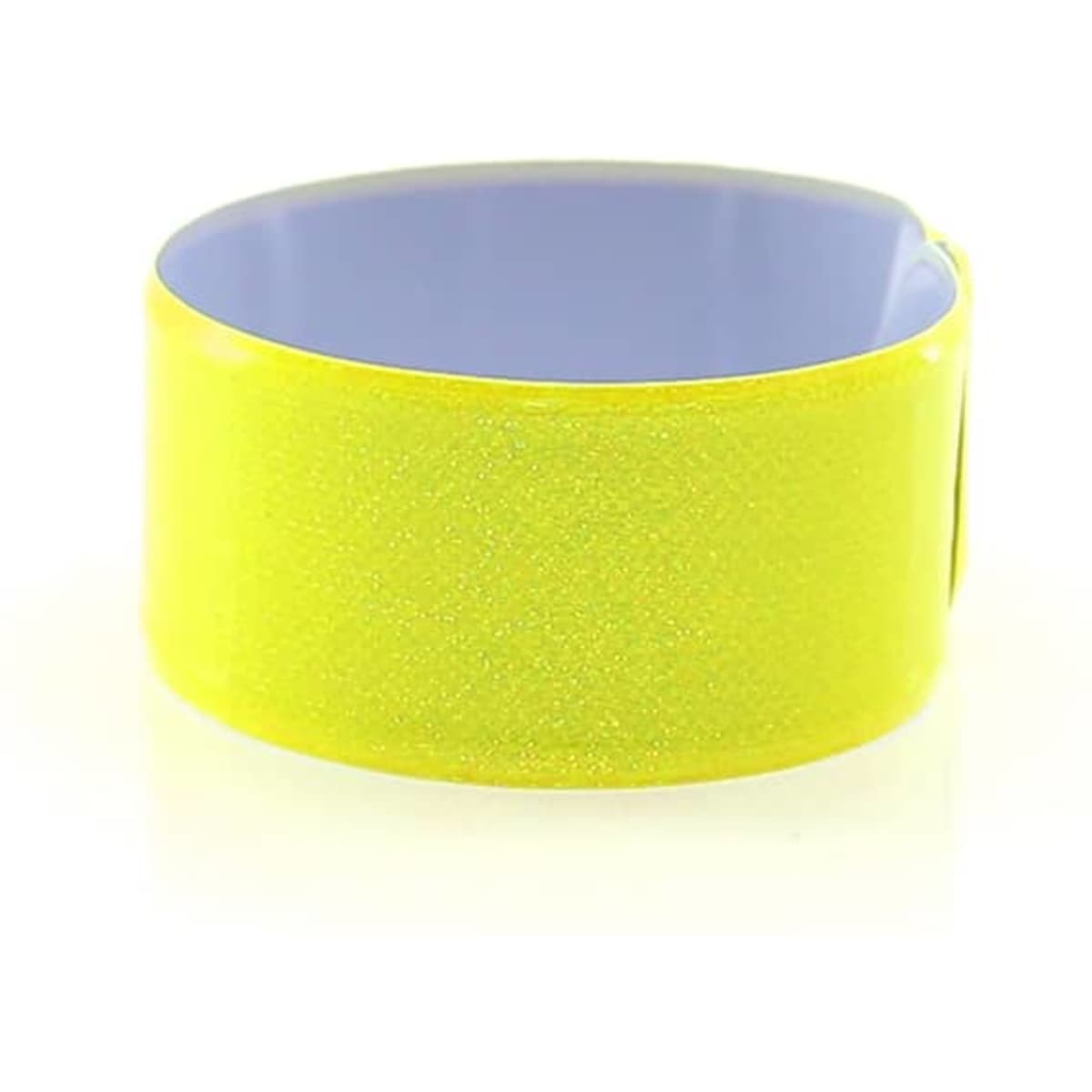 A reflective wristband in bright yellow with a smooth blue interior, featuring a logo.