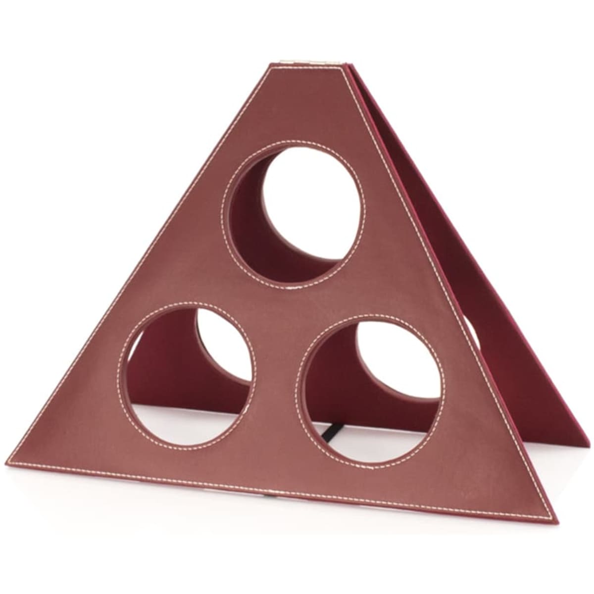 A triangular wine rack in a rich burgundy colour, featuring three circular cutouts for bottles. It has a stylish stitched finish.