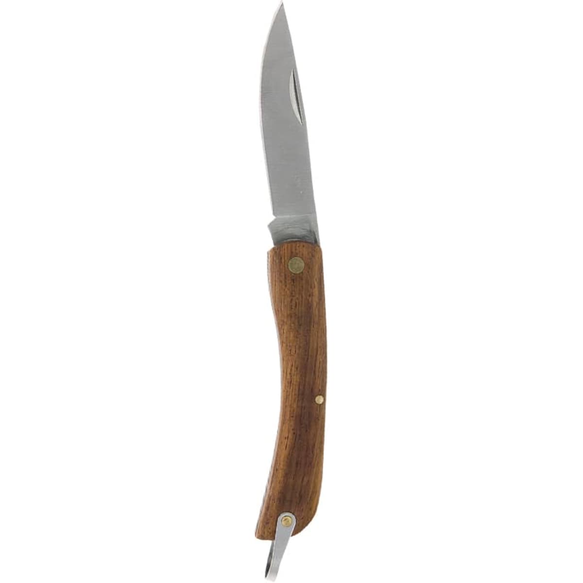 A folding knife with a wooden handle and a silver blade. The knife features a branding logo.