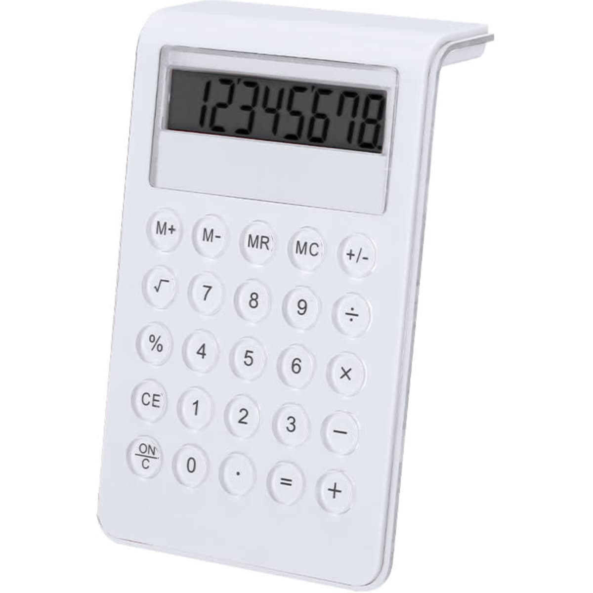 A white calculator featuring a digital display and various function keys, designed for office and business use.