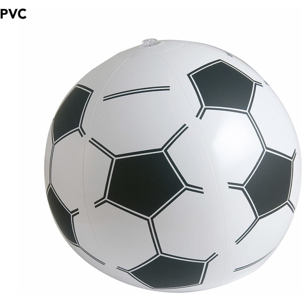 A white beach ball with a black soccer ball pattern. It is made from PVC and features a logo.