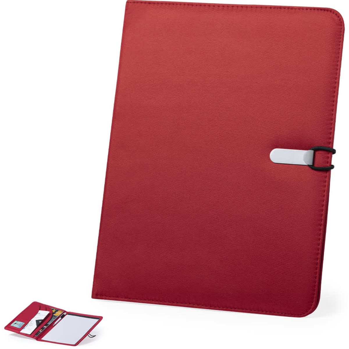 A red Neco Folder featuring a clasp closure, with a small notepad and card holder included.