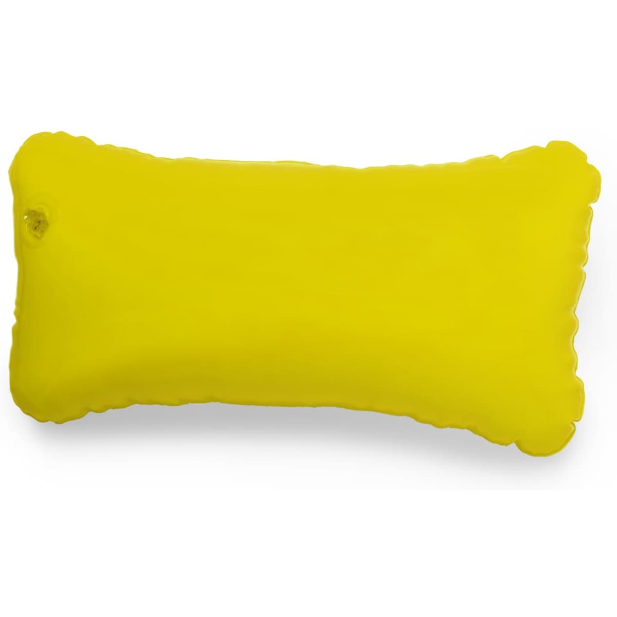 A yellow inflatable pillow with a textured edge and a small valve for inflation.
