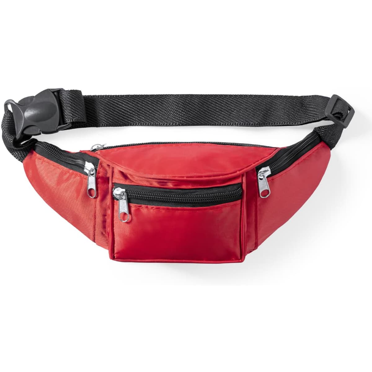 A red bum bag with multiple zipped pockets and an adjustable strap. It features a logo on the front.