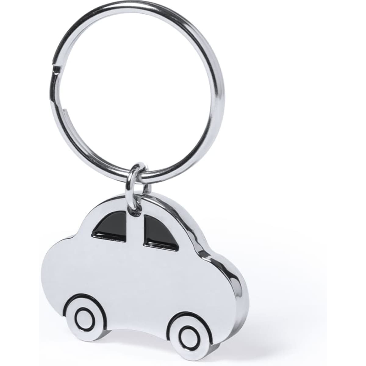 A chrome car-shaped keyring with a split ring attachment. Features detailing on the car design.