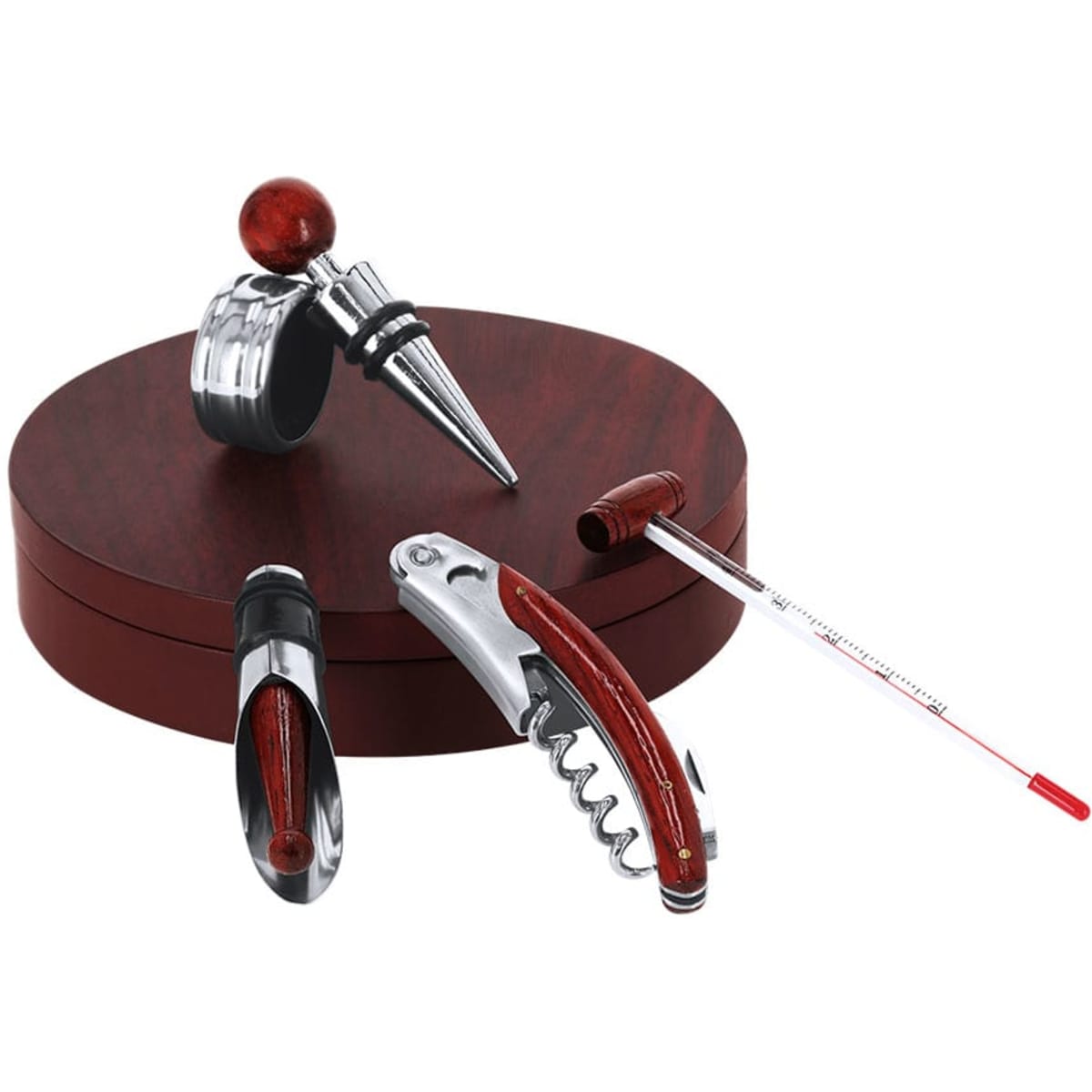 A wine accessory set featuring a corkscrew, pourer, stopper, and thermometer, all in a wooden display case.