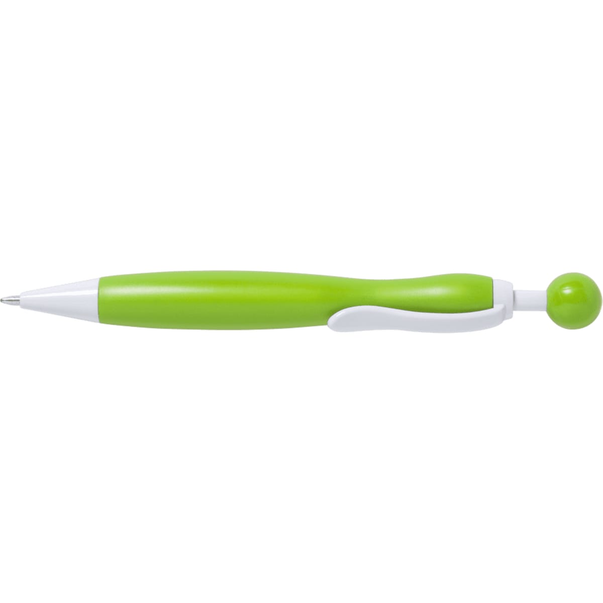 A green plastic pen with a white clip and a round tip, featuring a logo on the body.