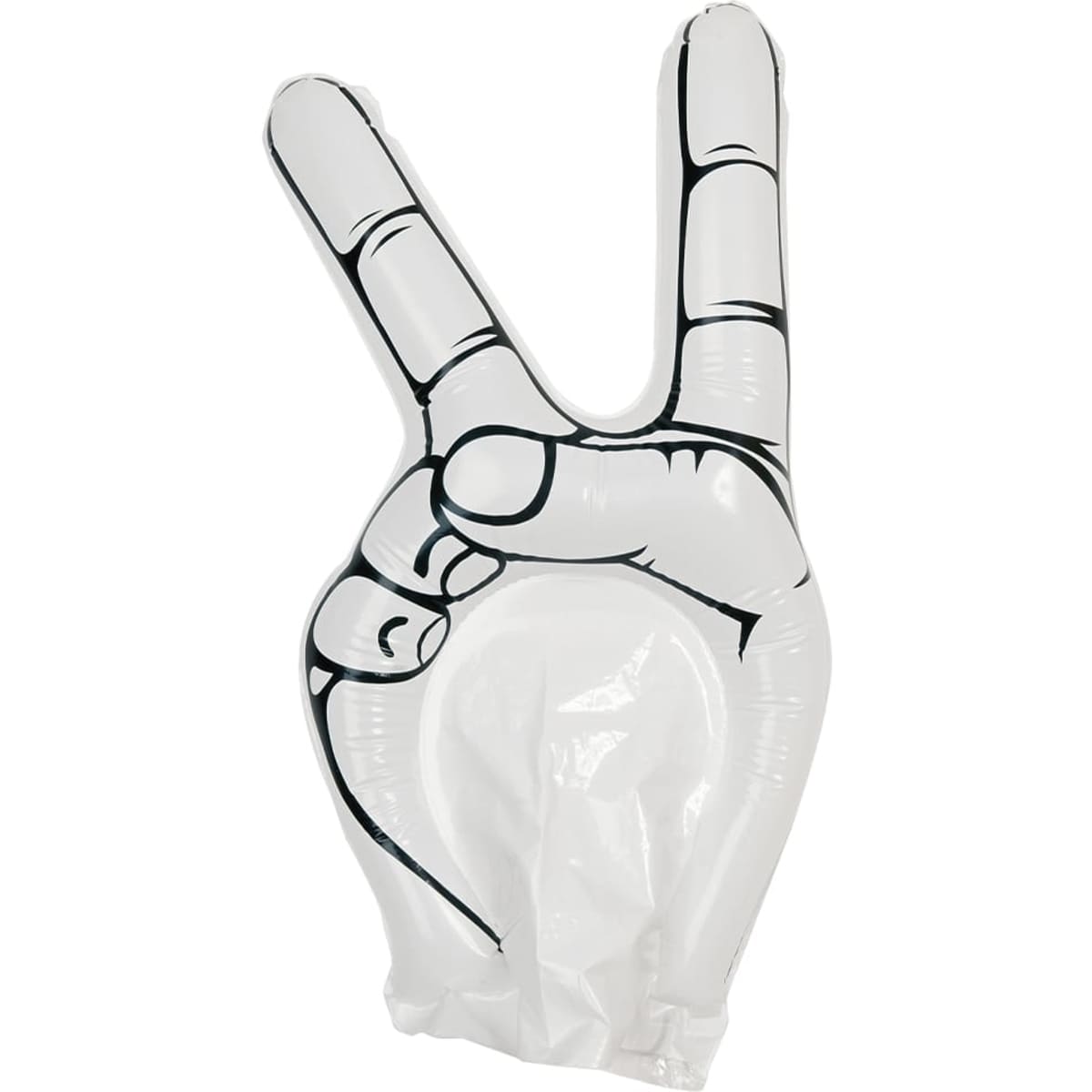 An inflatable novelty item shaped like a hand making a peace sign, featuring a black and white design.