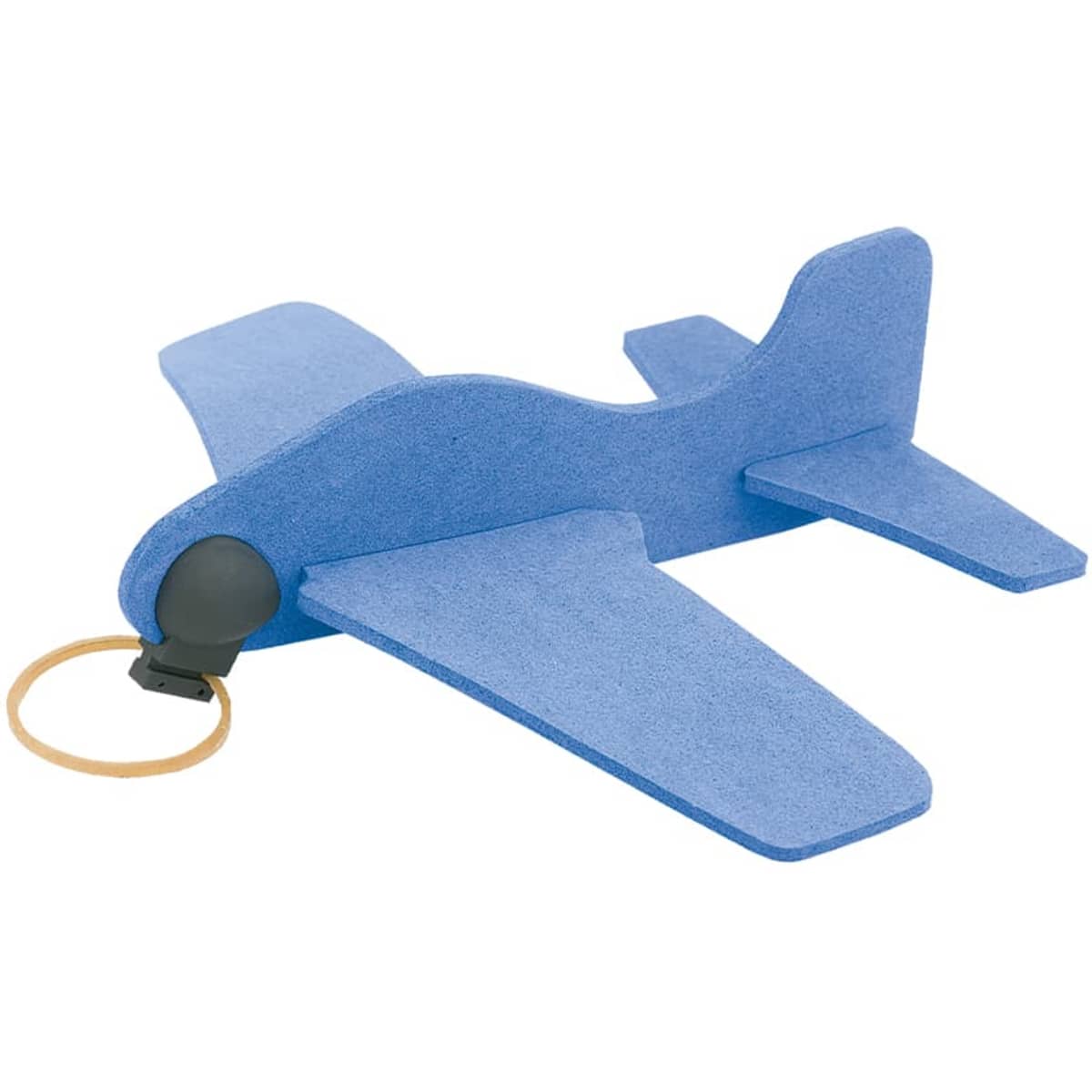 A blue novelty plane toy made of foam, featuring a rubber band mechanism for launching.