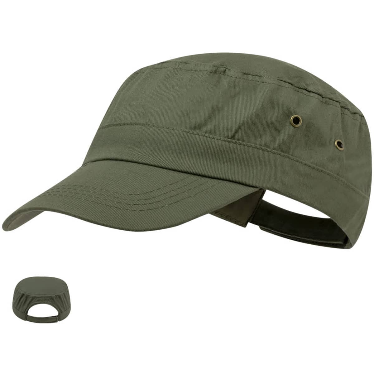 A green cap with a curved brim and ventilation holes, accompanied by a matching cap cover.