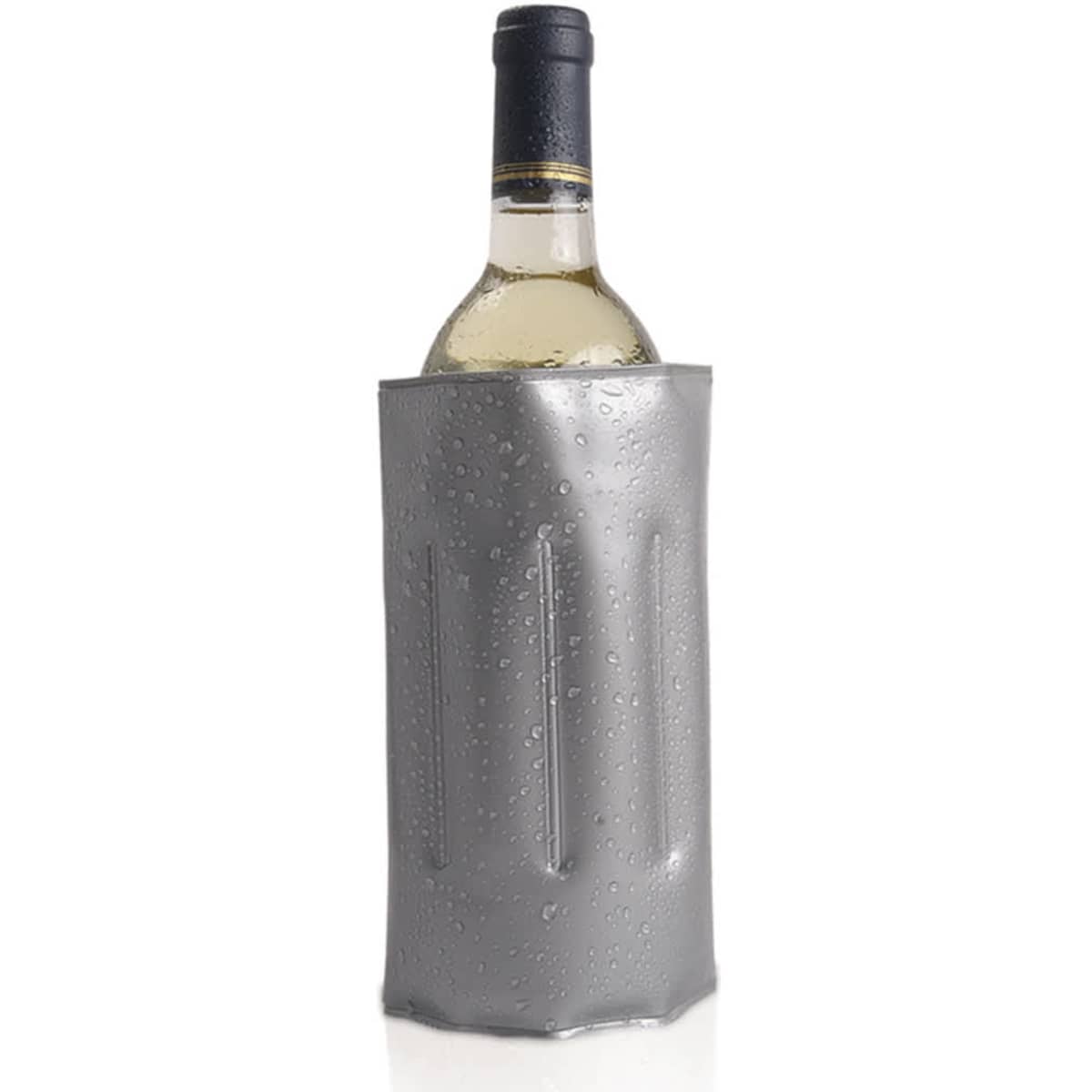 A drink bottle cooler in metallic grey, designed to keep beverages chilled, with a textured surface and moisture droplets.