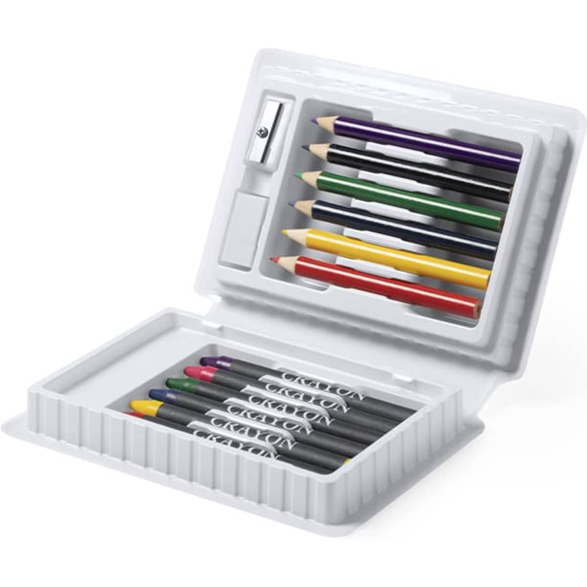 A pencil case in white featuring multiple coloured pencils and a sharpener, neatly organised inside.