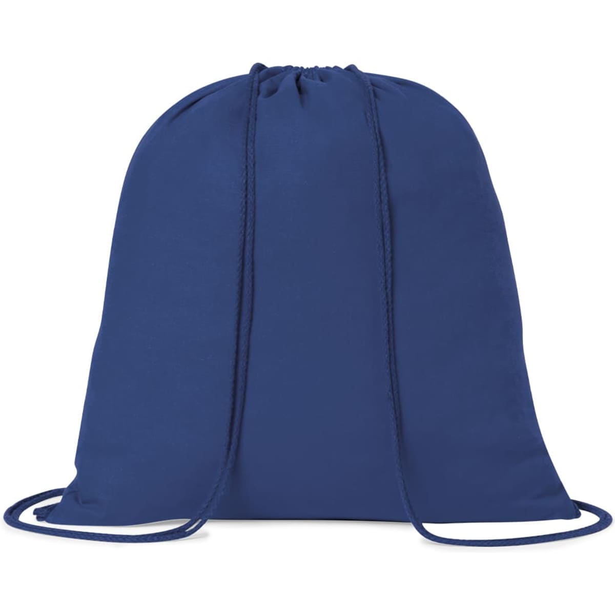 A blue drawstring bag with a corded closure and a simple design. It features a logo on the front.