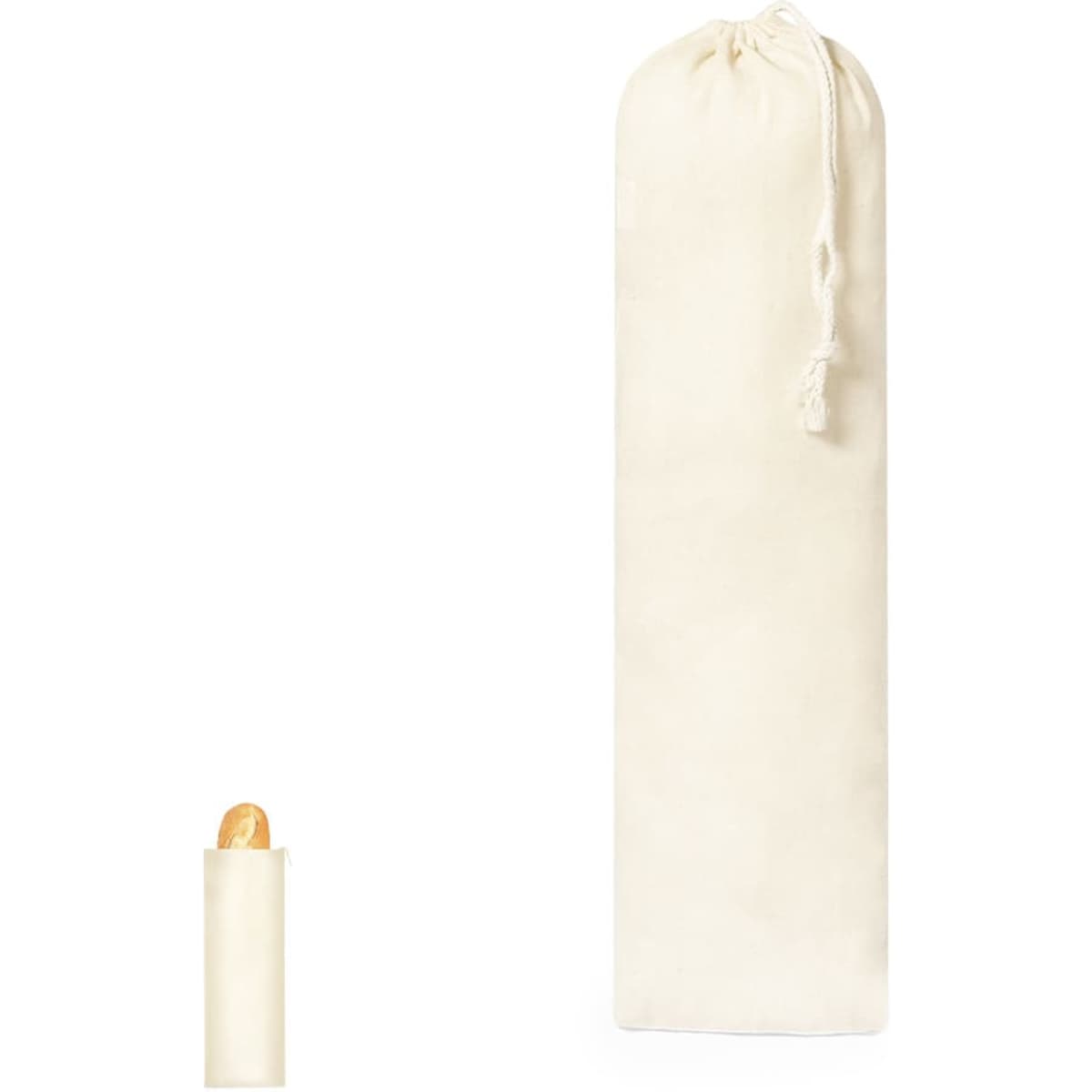 A cream drawstring bag with a rounded bottom and a matching small container beside it. The bag has a logo.
