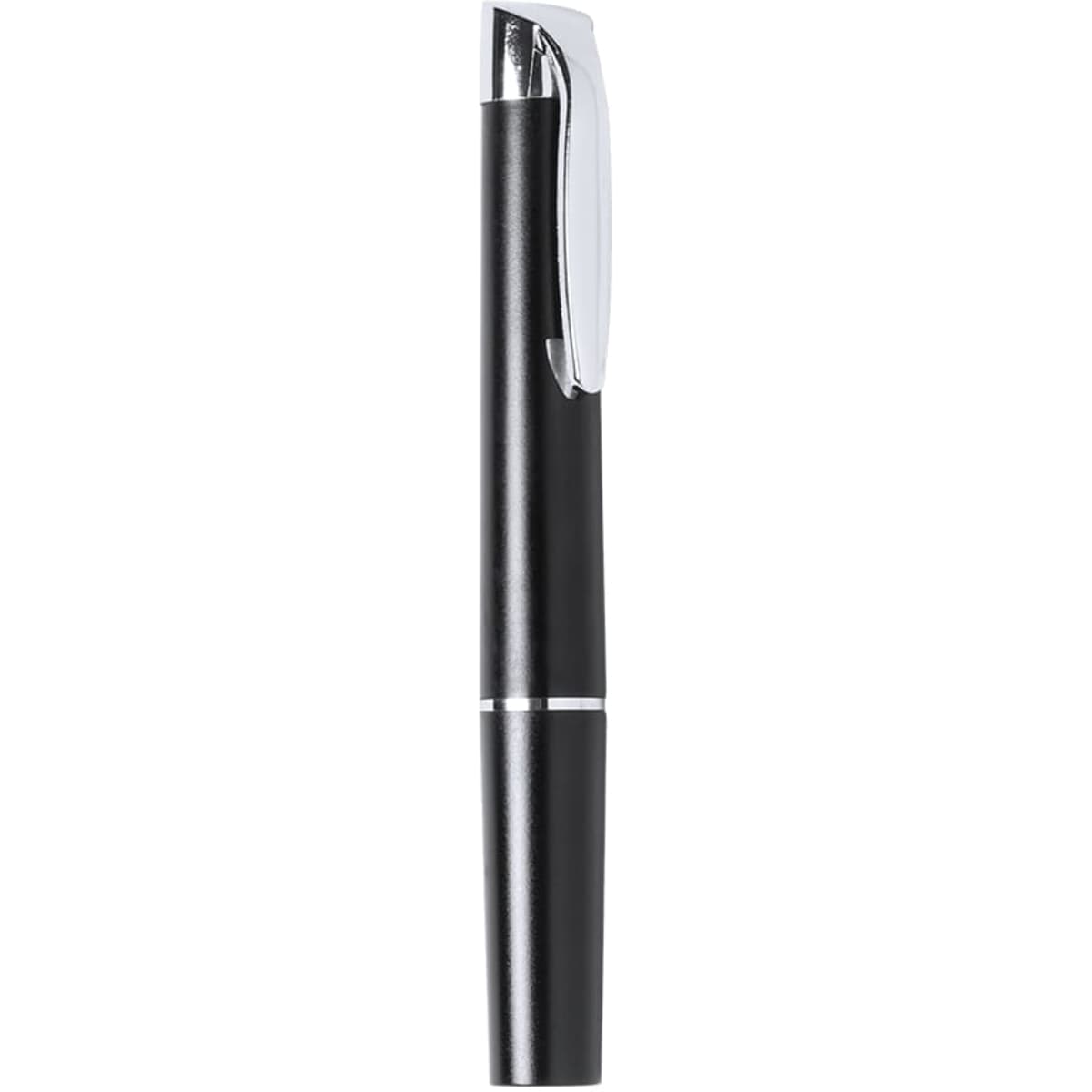 A sleek black pen with a silver clip and accents, featuring a simple, modern design.