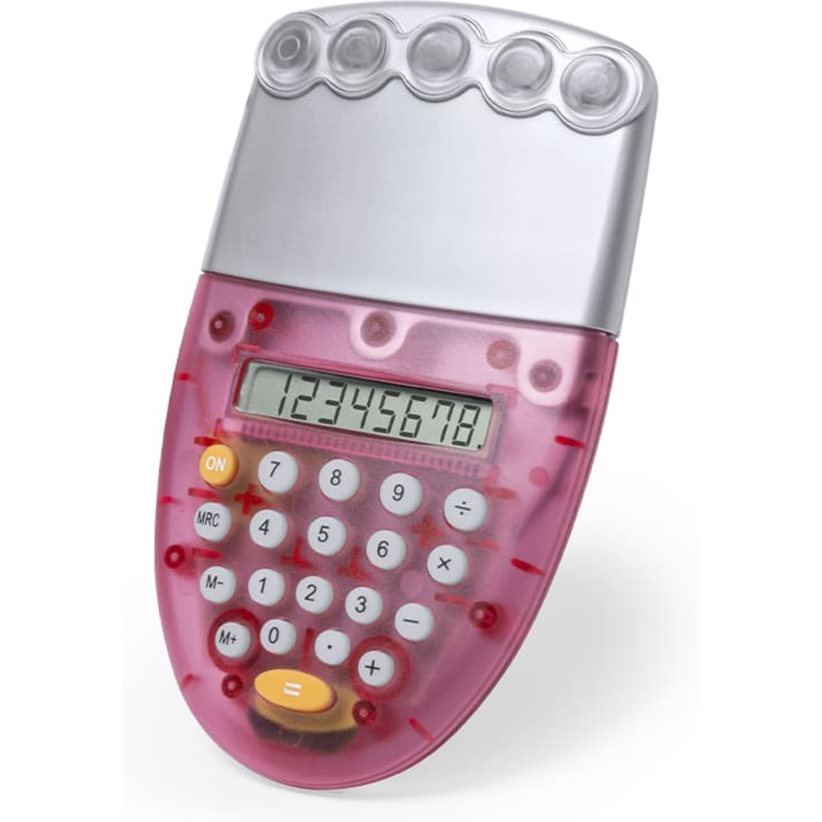 A pink calculator with a silver top, featuring a digital display and standard number keys, along with a logo.