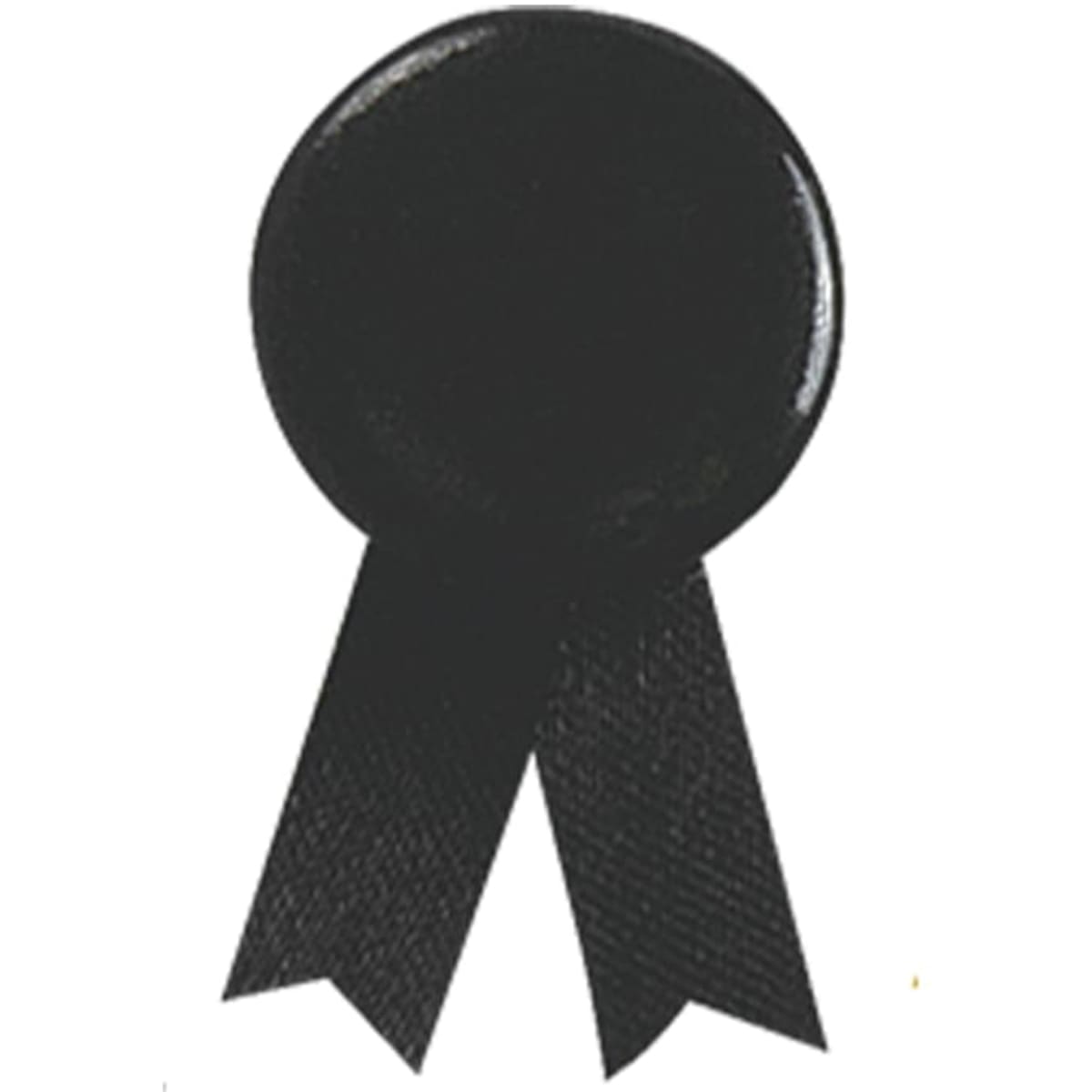 A black lapel pin with a round top and two ribbon tails, featuring a smooth surface and a logo.