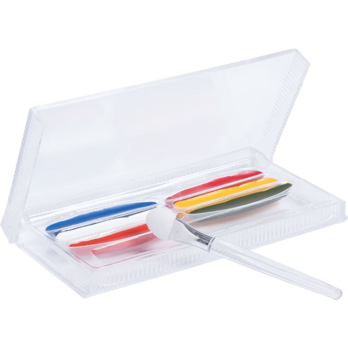 A transparent case containing colourful modelling clay sticks and a sculpting tool. Colour options include blue, red, yellow, green, and orange.