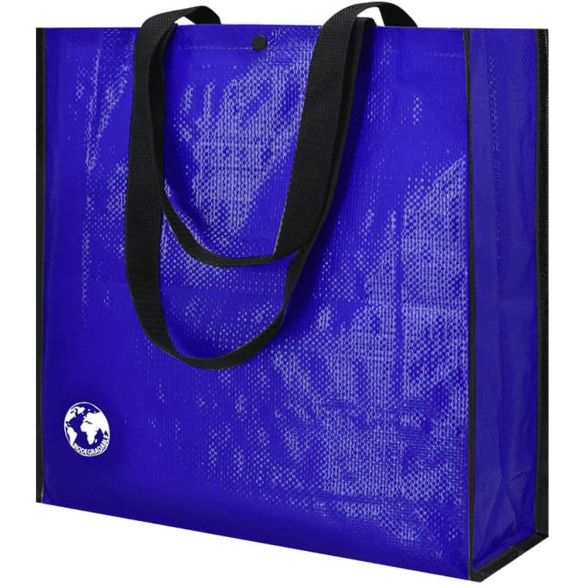 A reusable grocery bag in a vibrant blue colour with black handles and a logo on one side.