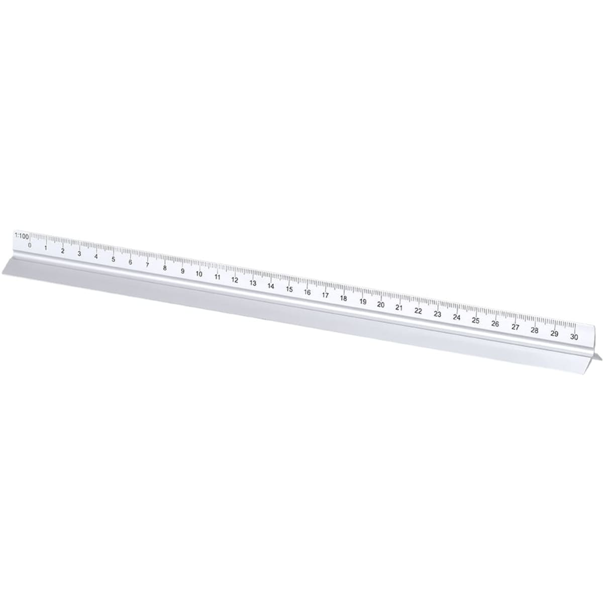 A ruler in silver with black markings, featuring a logo on one side.