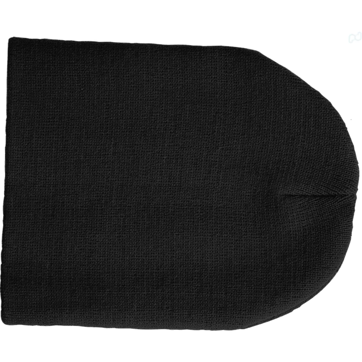 A black beanie with a rounded top and textured fabric, featuring a logo on the side.
