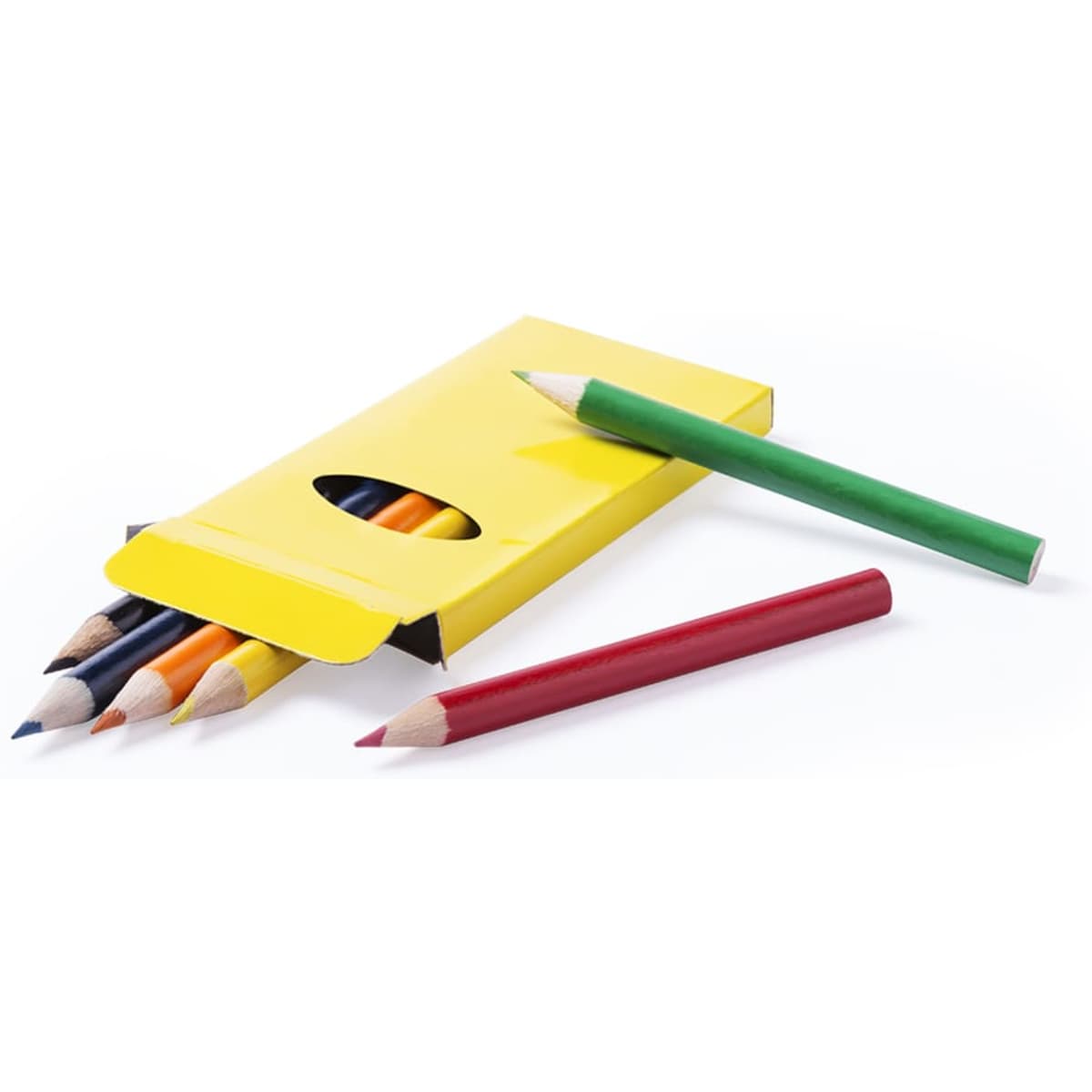 A pencil set in a yellow box, featuring red, green, blue, and orange pencils laid out.