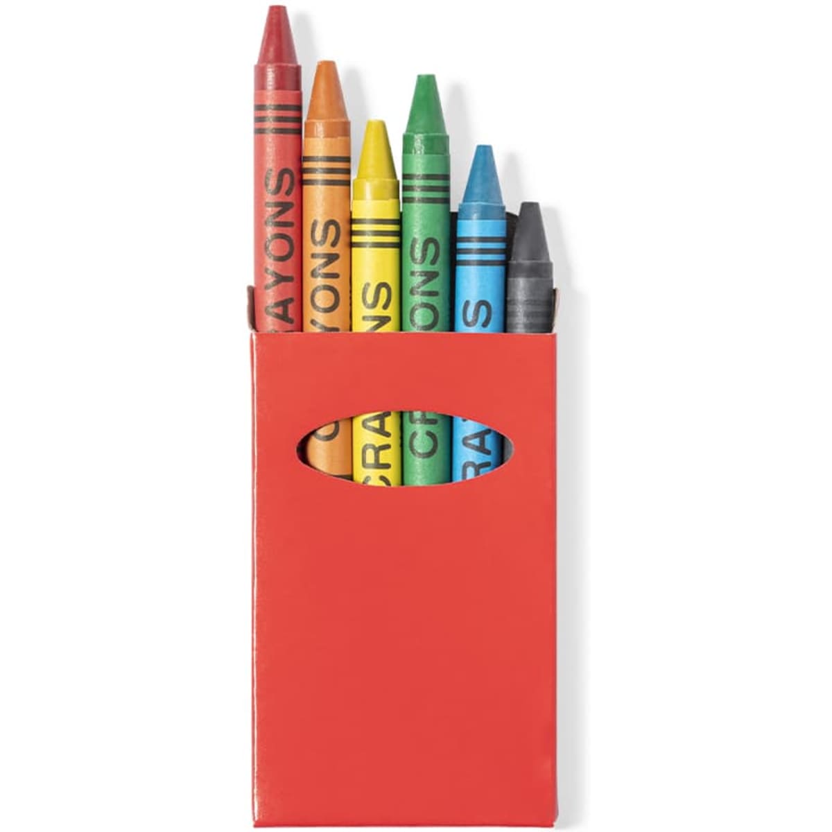 A set of six crayons in a red holder, featuring colours blue, green, yellow, orange, red, and black.