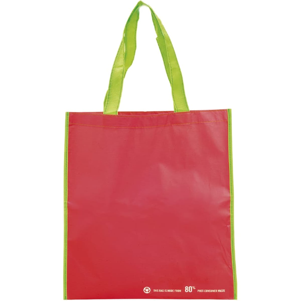 A red tote bag with green handles, featuring a logo on the side.