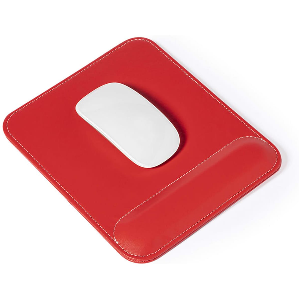 A red mouse pad with a white mouse, featuring a wrist support area on the side.