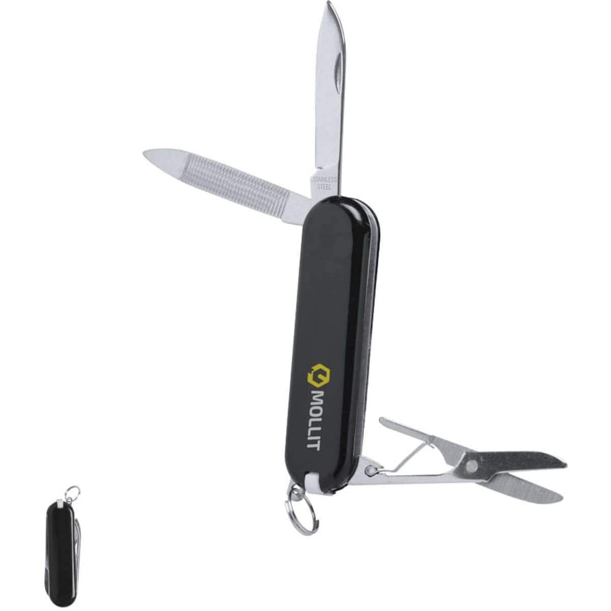 A black multi-tool with a knife, scissors, and other tools, featuring a keyring attachment and a logo.