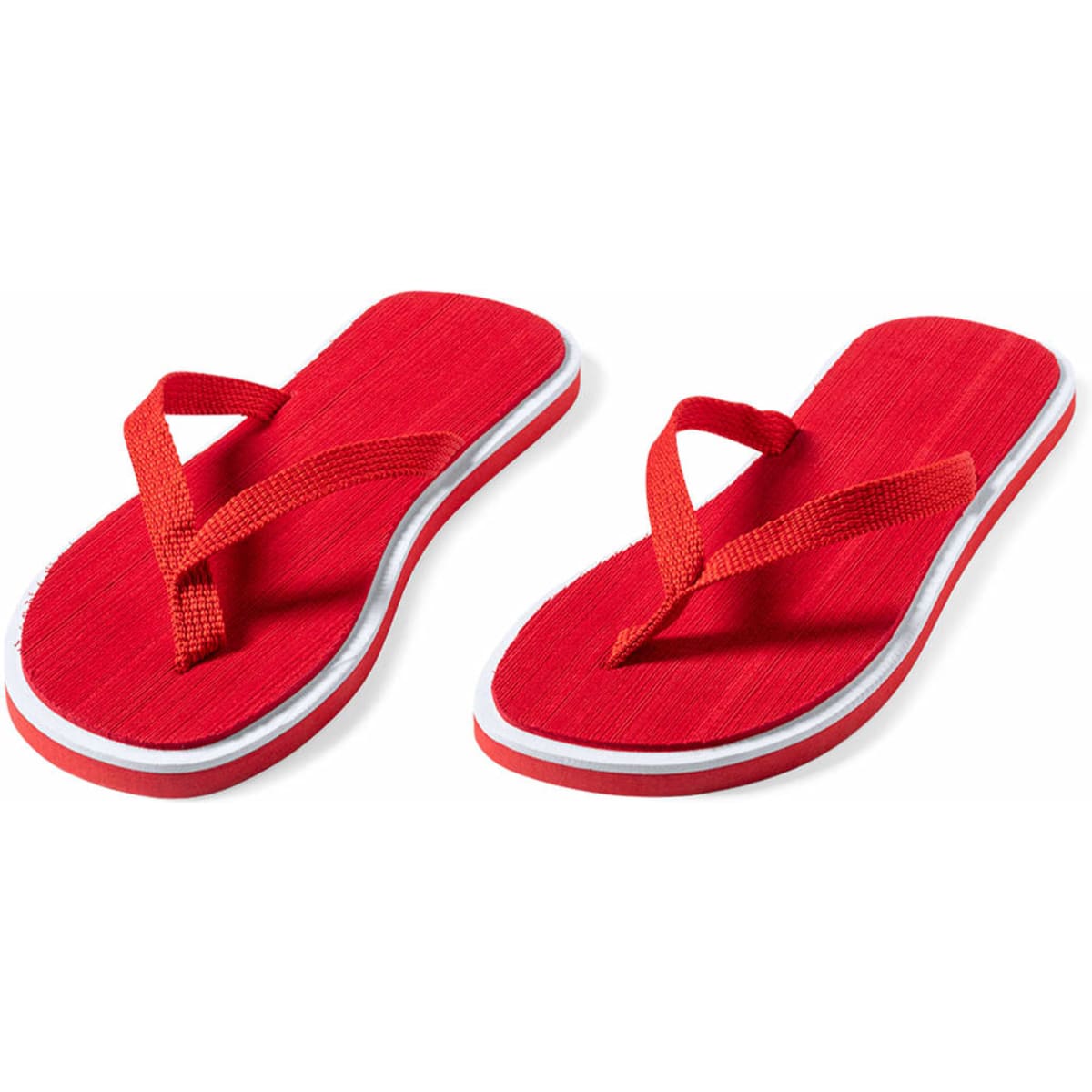 Red thongs with a textured sole and contrasting white trim, featuring a simple strap design.