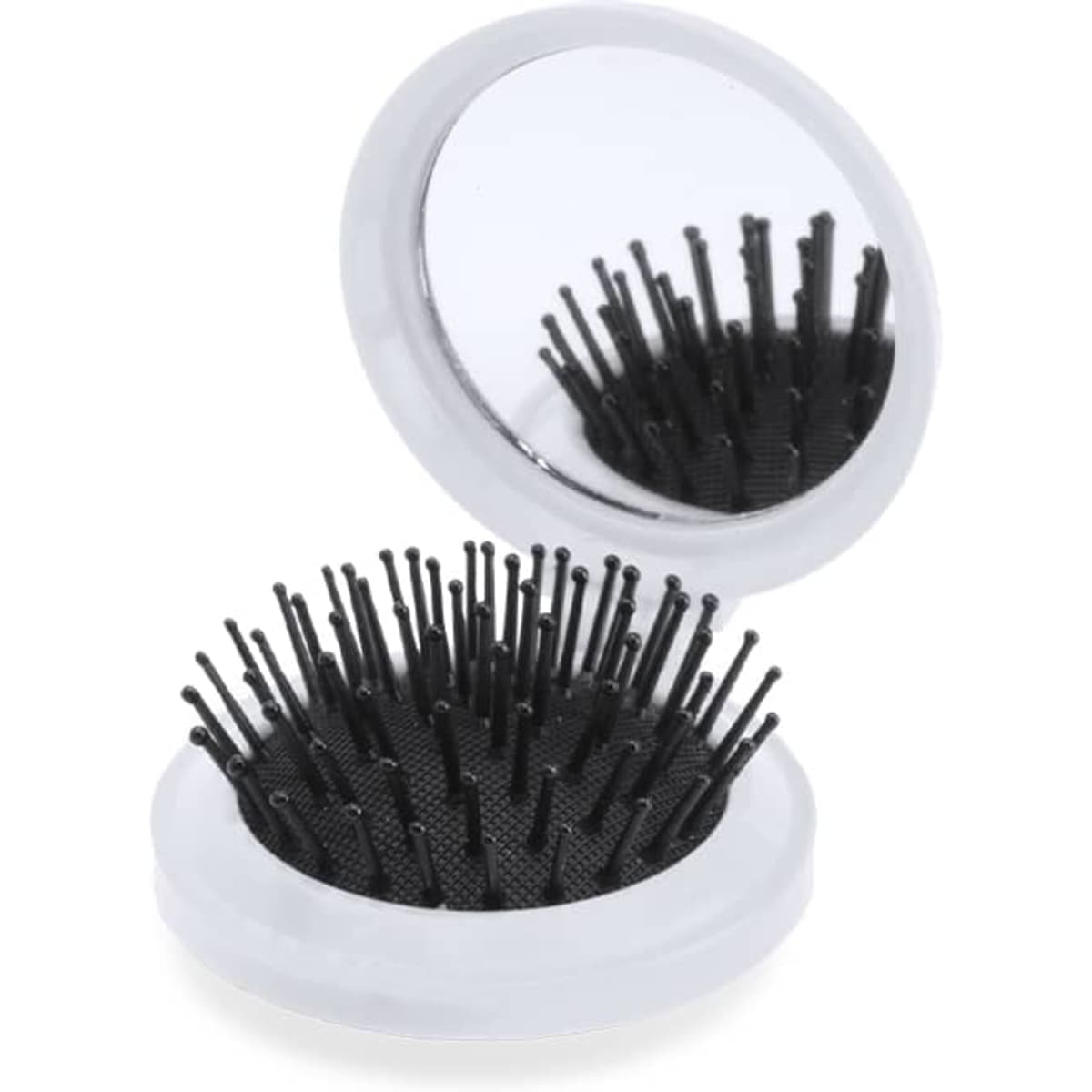 A compact hairbrush with black bristles and a circular mirror, featuring a white outer casing.