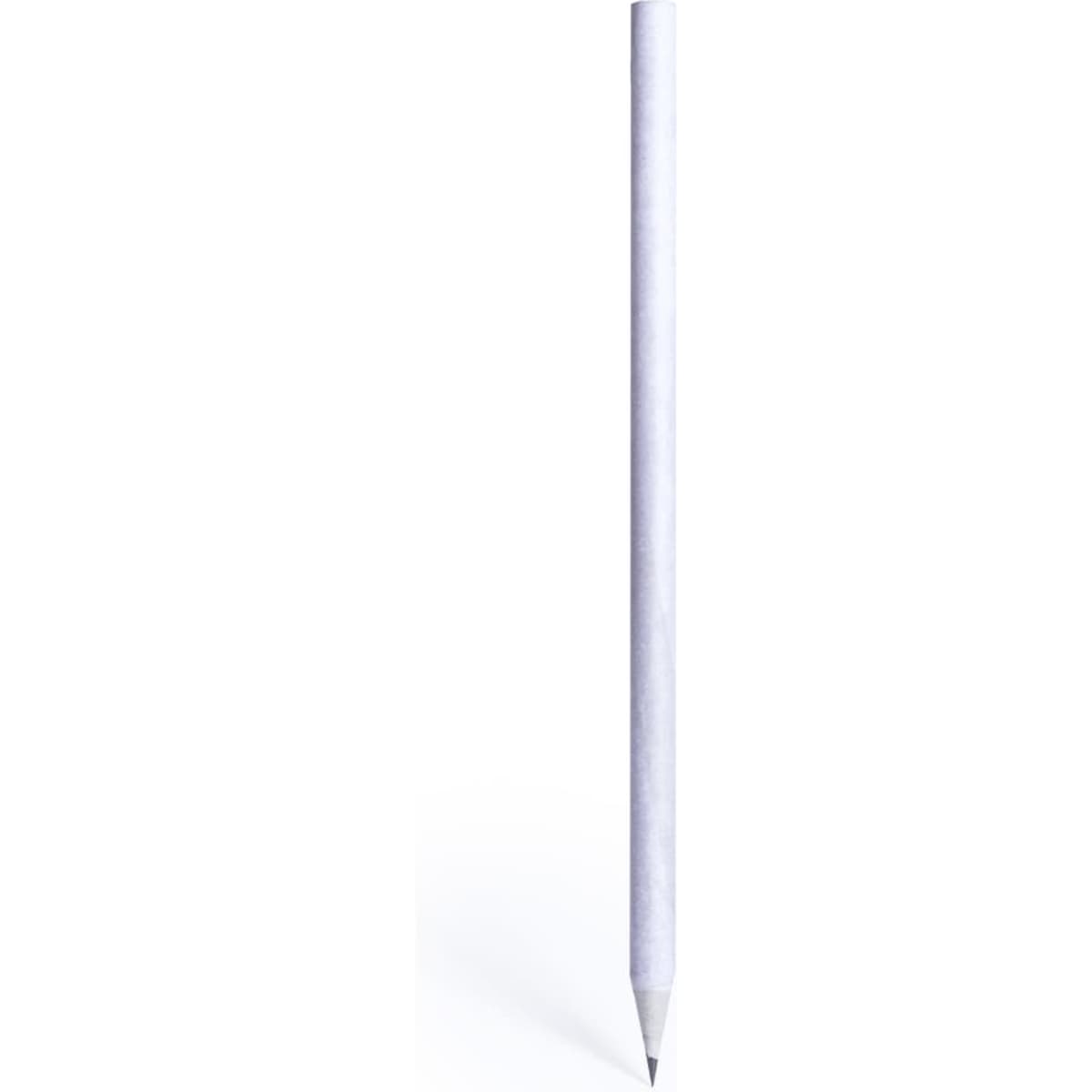 A grey lead pencil with a smooth, minimalist white design and sharpened tip. It has a logo on its surface.
