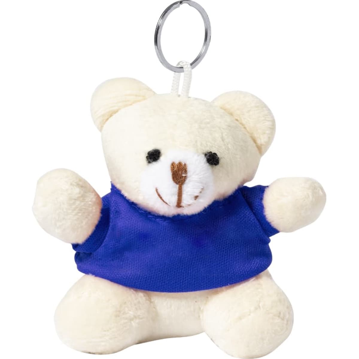 A soft, cream-coloured teddy bear keyring wearing a blue shirt, attached to a metal ring.