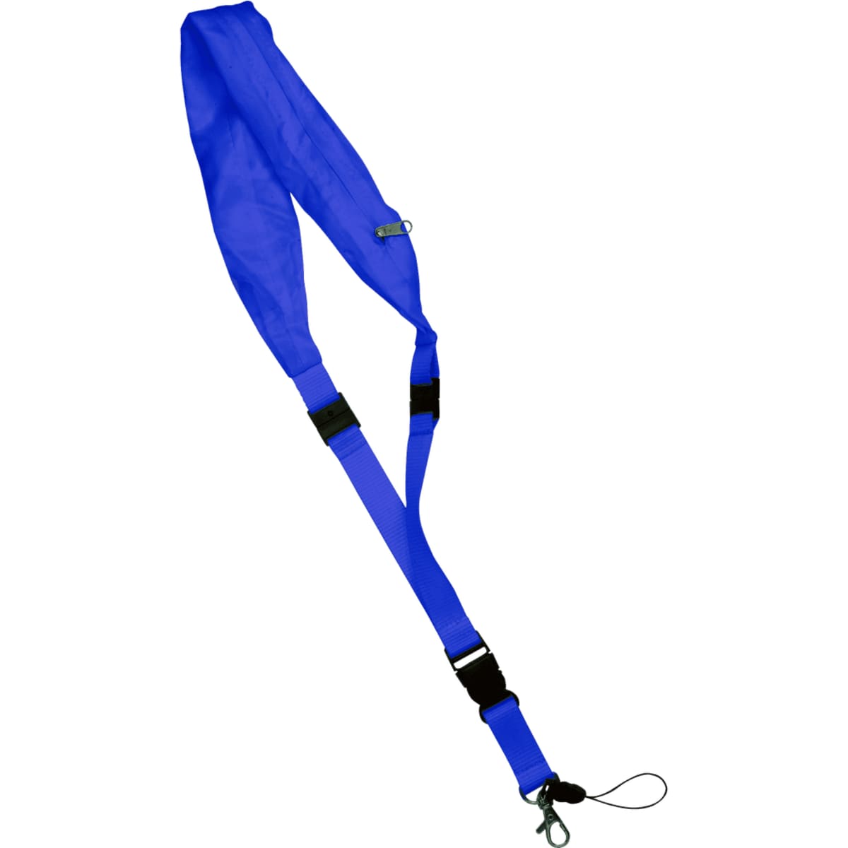 A blue lanyard featuring adjustable straps and a clip at one end, designed for holding items securely.
