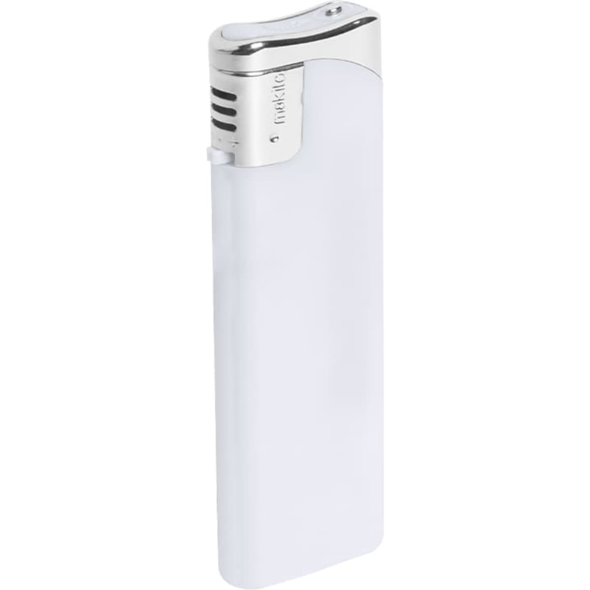 A white lighter with a chrome top and a slim design. The lighter features a logo on its surface.