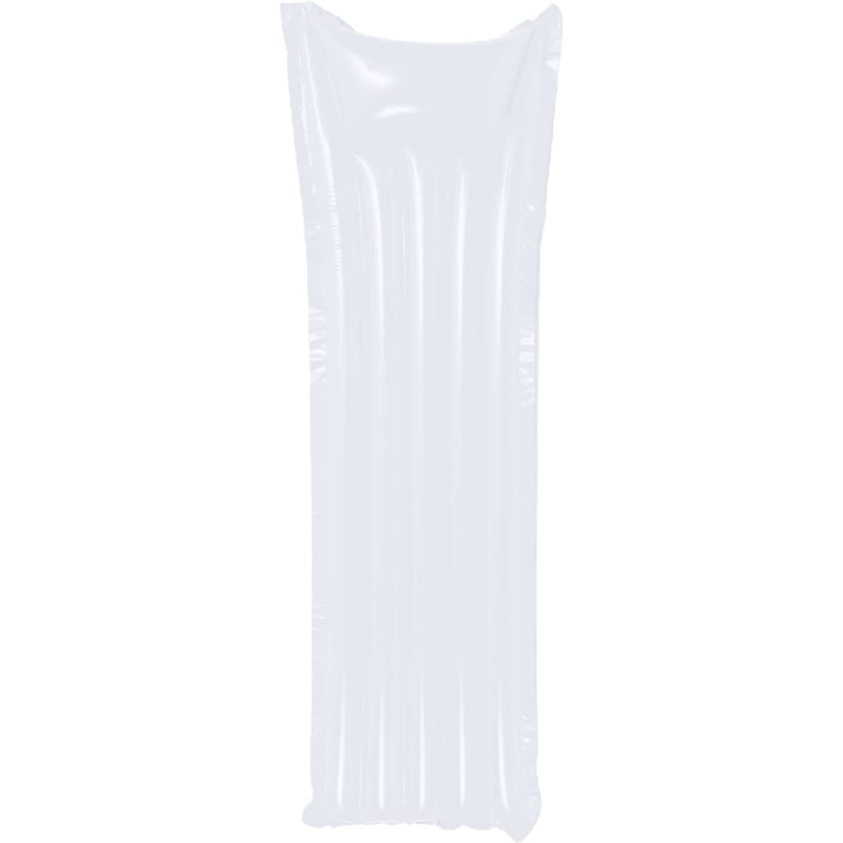 An inflatable lounge mattress in clear plastic, featuring vertical grooves for comfort and support.