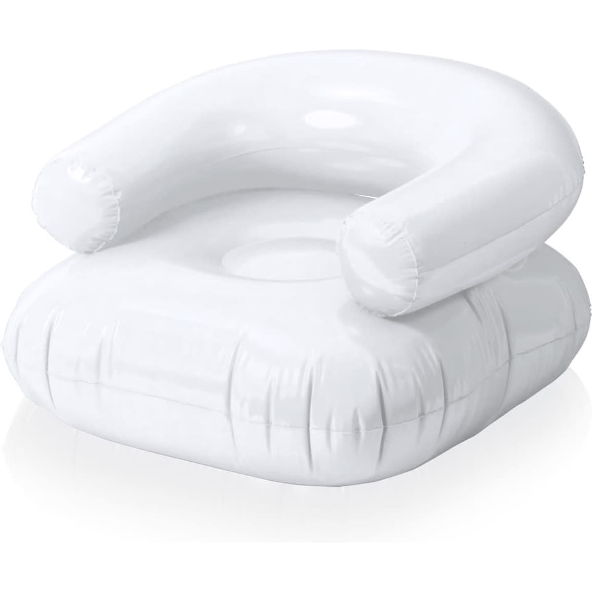An inflatable white chair with armrests, featuring a square base and a round seat opening.