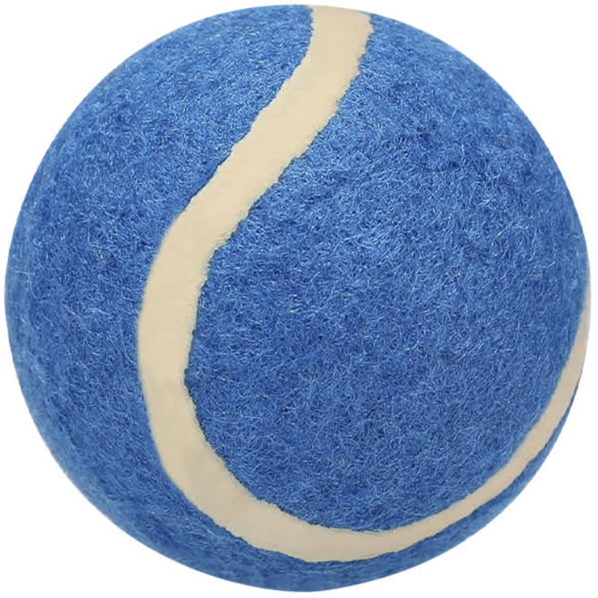 A blue textured ball with a white stripe, resembling a tennis ball, featuring a branding logo.