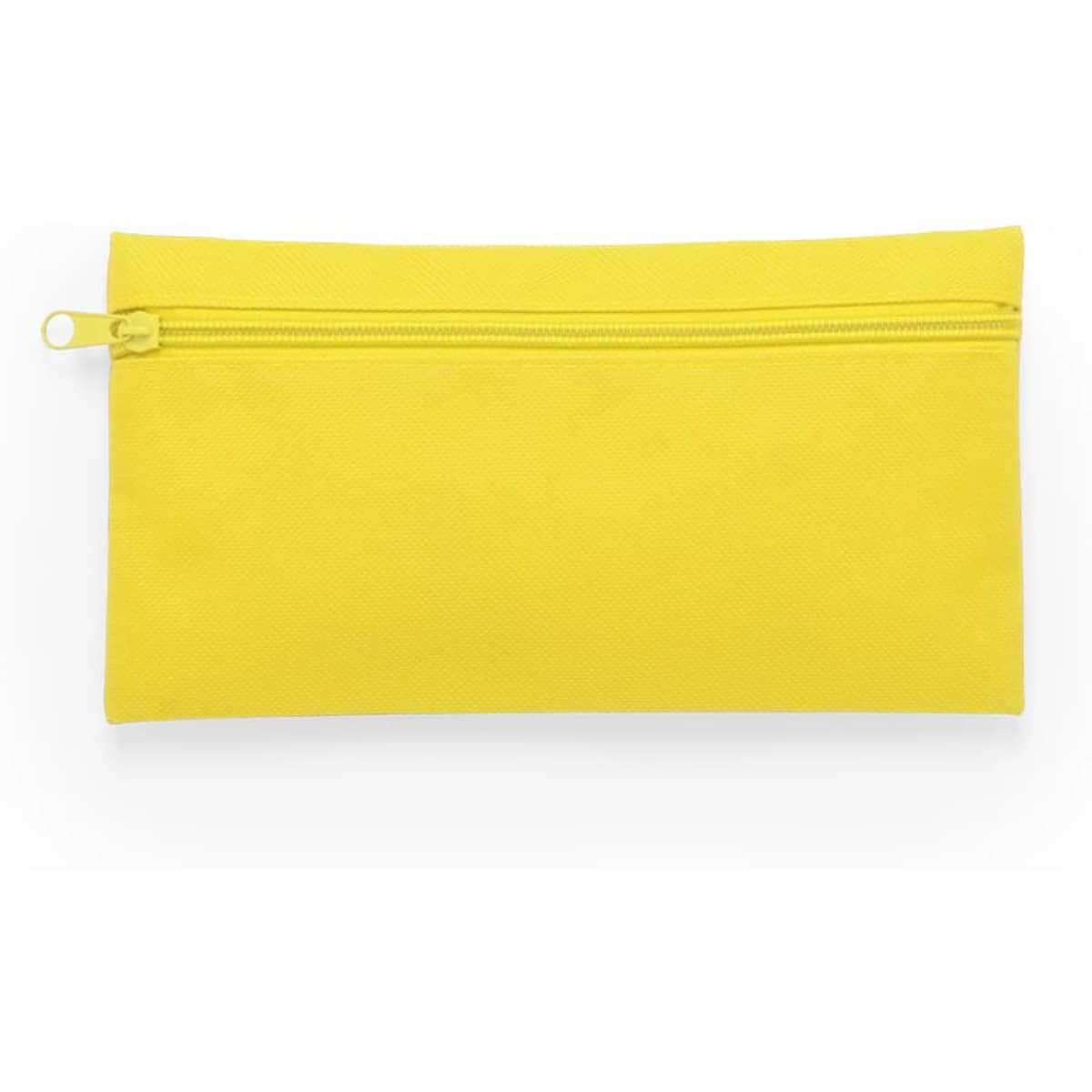 A yellow pencil case with a zip closure, featuring a branding logo.