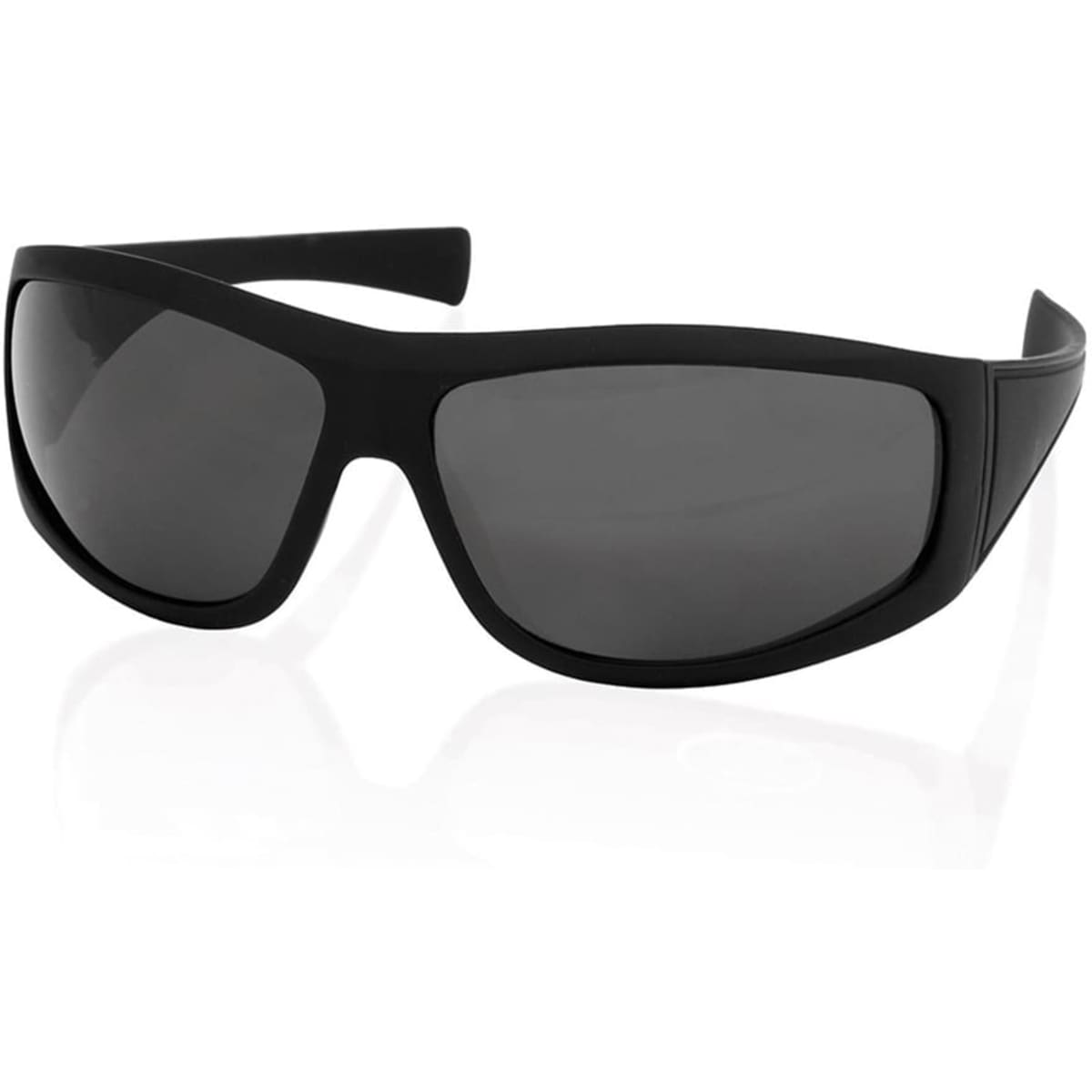 Black sunglasses with dark grey lenses, featuring a sleek design and a logo on the arm.
